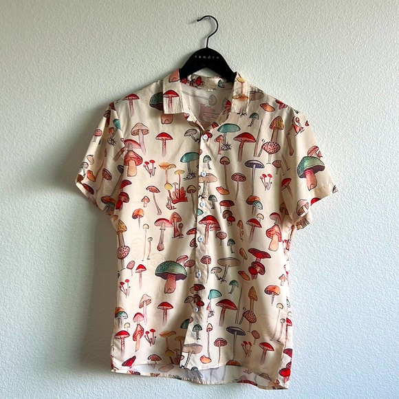 SHEIN Other - Mushroom Short Sleeve Button Up Shirt, large, tan,red, beige